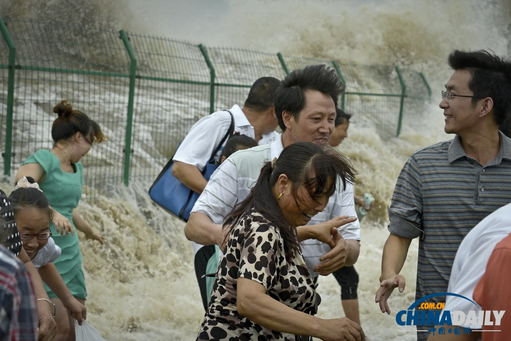 浙江海寧：高潮位達(dá)6.60米“回頭潮”席卷錢塘江鹽倉(cāng)一帶 打翻數(shù)百名游客