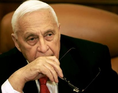 Israeli Prime Minister Ariel Sharon attends a ceremony completing the sale of Bank Leumi to a private U.S. investment group in his office in Jerusalem January 4, 2006.