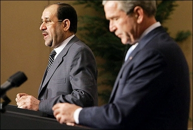 Iraqi Prime Minister Nuri al-Maliki (L) speaks during a joint press conference with US President George W. Bush at the Four Seasons Hotel in Amman, Jordan. Bush, set to rule in weeks on a possible course change in Iraq, warned against expecting him to lay out plans for