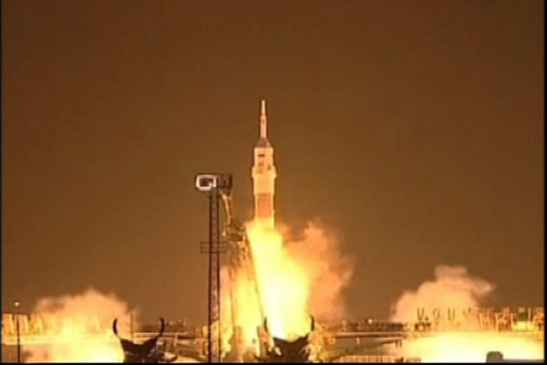 The Soyuz TMA-03M spacecraft carrying three astronauts launches to the International Space Station from the Baikonur Cosmodrome in Kazakhstan in this still image take from NASA TV Dec 21, 2011. Russia launches manned spacecraft