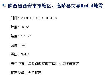 陜西西安市轄區與高陵縣交界發生4.4級地震